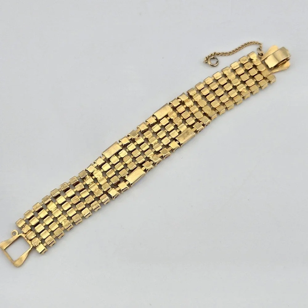 Vintage AB Rhinestone Gold Tone Bracelet Aurora Borealis Baguette Unsigned